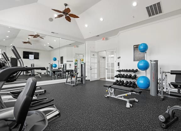 A gym with a variety of equipment including treadmills, weights, and a fan.