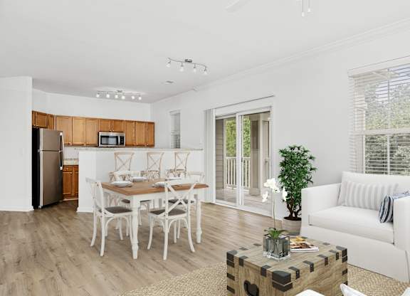 A modern kitchen with a dining table set for six.