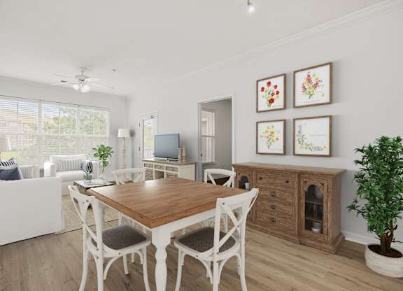 A dining room with a wooden table and chairs.