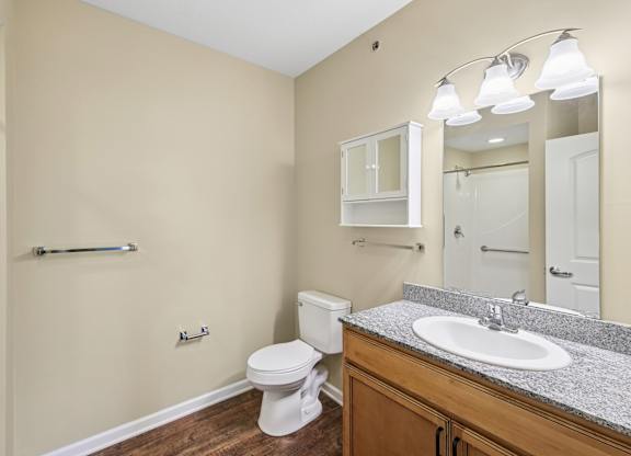 A bathroom with a toilet, sink, and mirror.