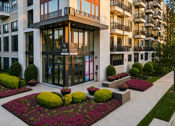 Exterior of leasing office at  L2 Uptown in Dallas Texas