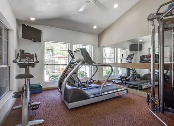 A home gym with a treadmill, exercise bike, and other equipment.