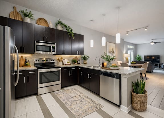 A modern kitchen with black cabinets and stainless steel appliances.