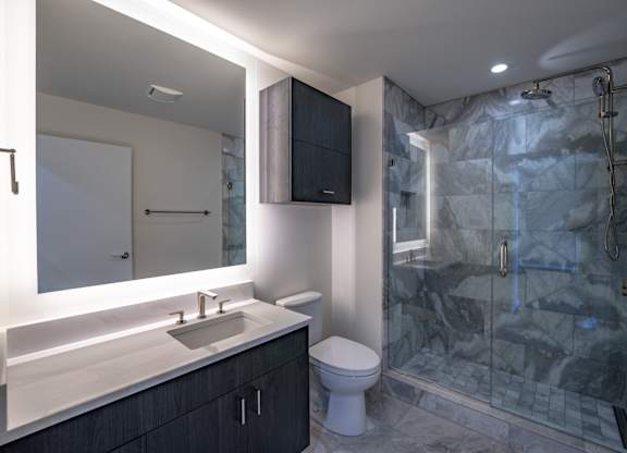 A bathroom with a sink, toilet, and shower.