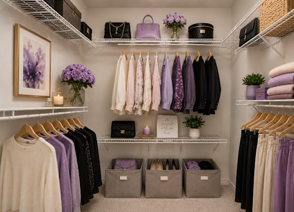 large walk-in closet with purple clothing at St Moritz in Dallas Texas