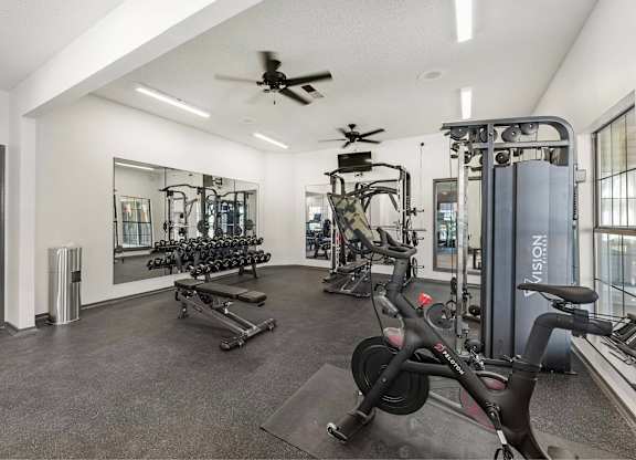 A gym with a variety of equipment including a stationary bike, a treadmill, and a rowing machine.