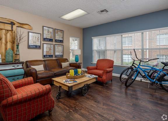 Furnished model apartment's living room at Waters Edge at Harbison