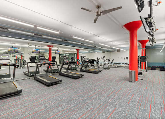 A gym with treadmills, exercise bikes, and other equipment.