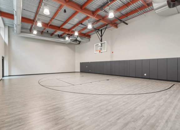 A basketball court with a wooden floor and a basketball hoop.