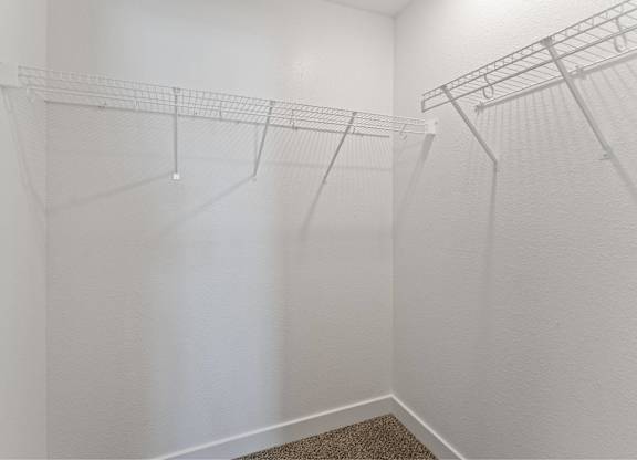 A white closet with a carpeted floor and two racks of clothes.