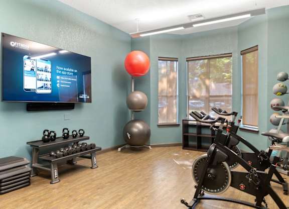 A gym room with a row of dumbbells and a row of exercise balls.