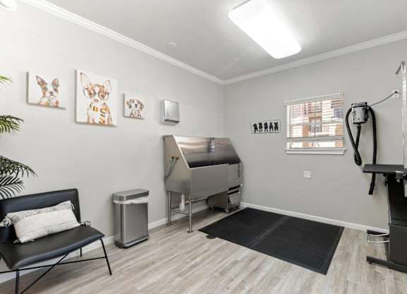 A room with a treadmill, exercise equipment, and a bench.