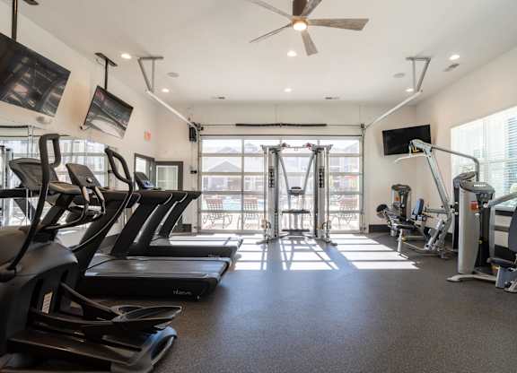 A gym with treadmills, exercise bikes, and other equipment.