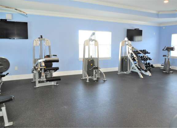 A gym with a variety of equipment including treadmills, stationary bikes, and weight machines.