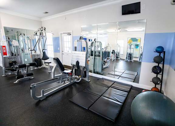 A gym with a variety of equipment including a rowing machine, a bench press, and a squat rack.