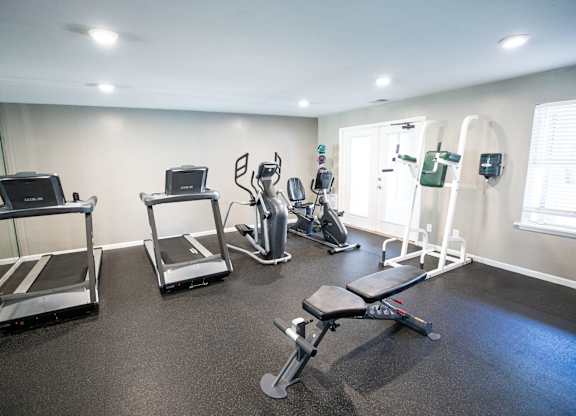 A gym with treadmills, exercise bikes, and other equipment.