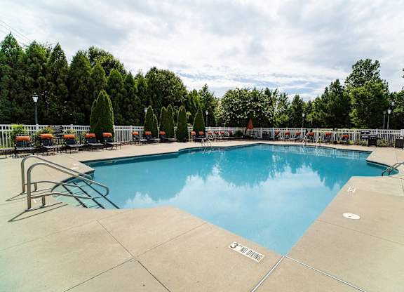 A large outdoor swimming pool surrounded by trees and lounge chairs.