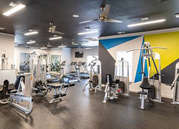 A gym with a variety of equipment including weights and cardio machines.