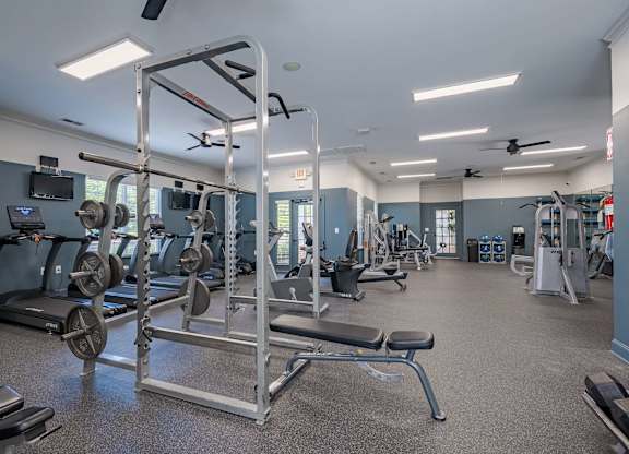A gym with a variety of equipment including a squat rack, treadmills, and weights.
