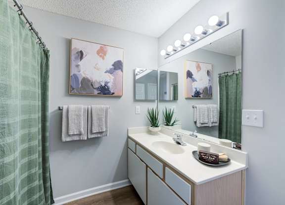 A bathroom with a green shower curtain and a painting on the wall.