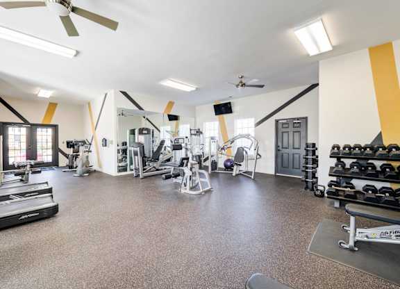 A spacious gym with a variety of equipment including treadmills, weights, and exercise machines.