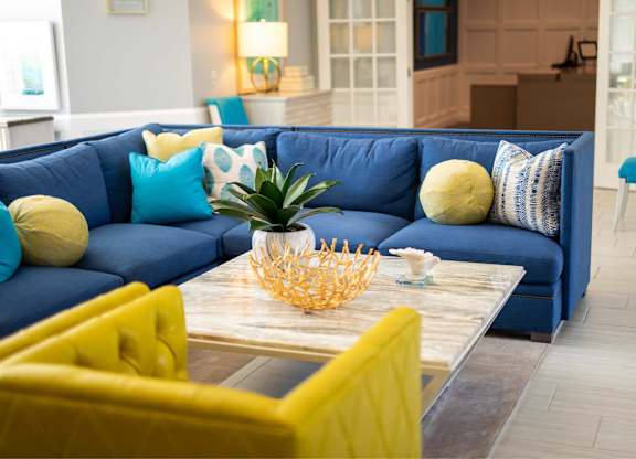 A blue couch with yellow pillows and a plant on a wooden table.