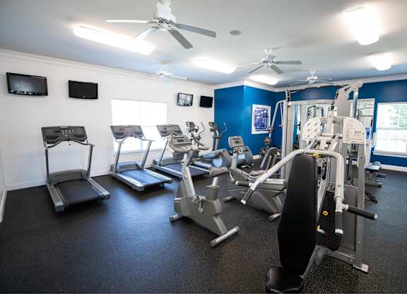 A gym with treadmills, exercise bikes, and other equipment.
