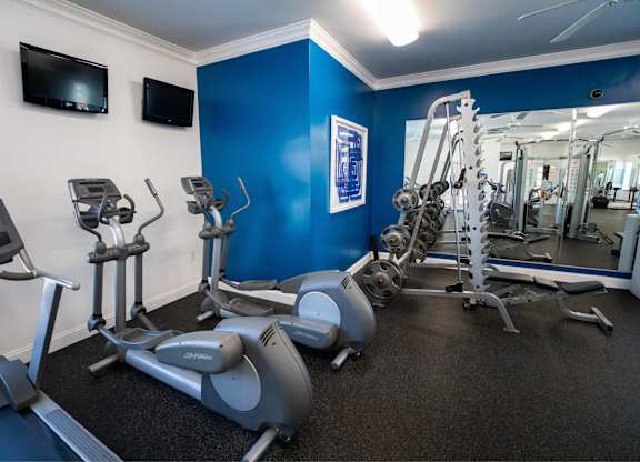 A gym with treadmills, exercise bikes, and other equipment.