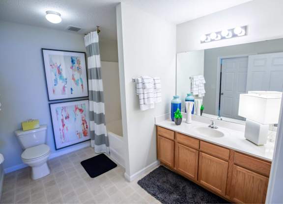 A bathroom with a toilet, sink, and shower.