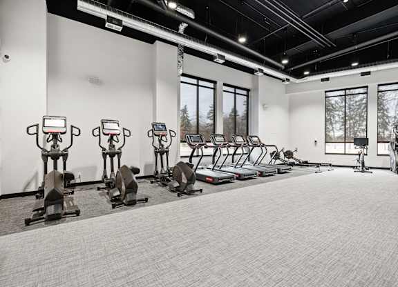 A gym with a row of stationary bikes and a treadmill.