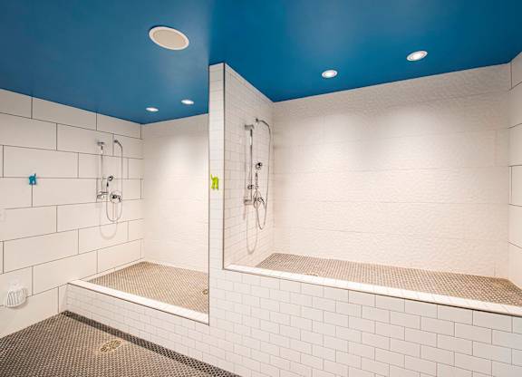 A white tiled bathroom with a blue ceiling and a walk-in shower.