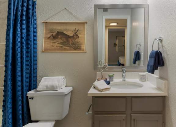 A bathroom with a toilet, sink, mirror, and a painting of a deer.