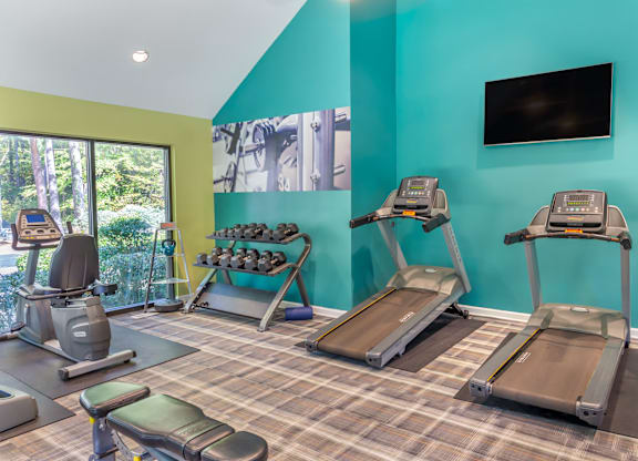 A gym with treadmills, exercise bikes, and a flat screen TV.