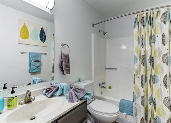 A bathroom with a white toilet, sink, and shower curtain.