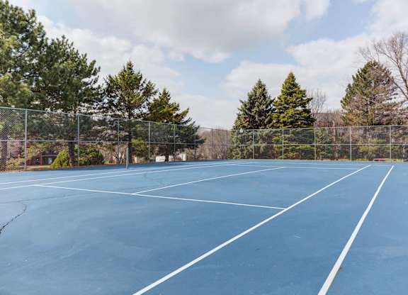 A tennis court surrounded by a fence and trees.