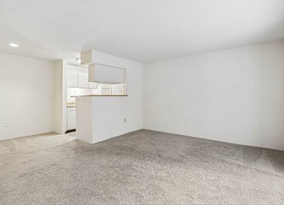 A large empty room with a carpeted floor and a small kitchenette in the corner.