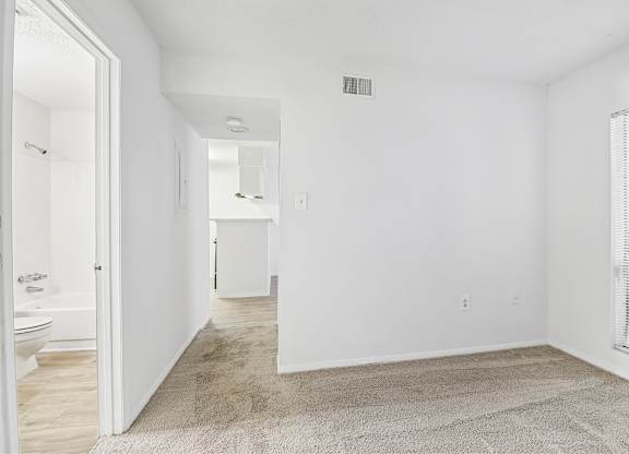 A white room with a carpet on the floor and a window on the right side.