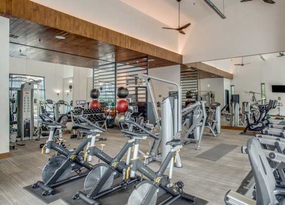 Fitness center with cardio and strength equipment at Twin Creeks Crossing, apartments in Allen