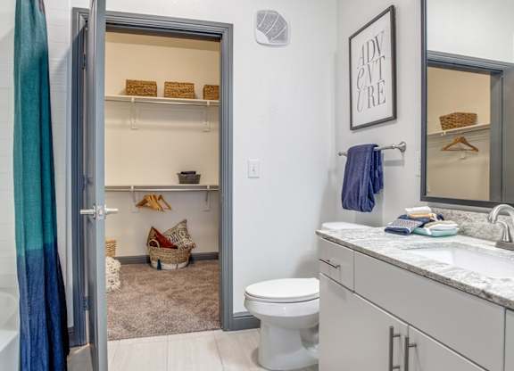 Apartment bathroom with modern finishes at Twin Creeks Crossing, apartments in Allen, TX
