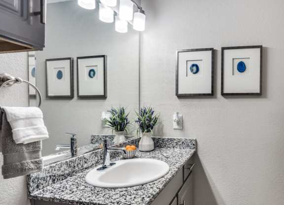Bright bathroom interior at The Lana, modern apartments in Dallas