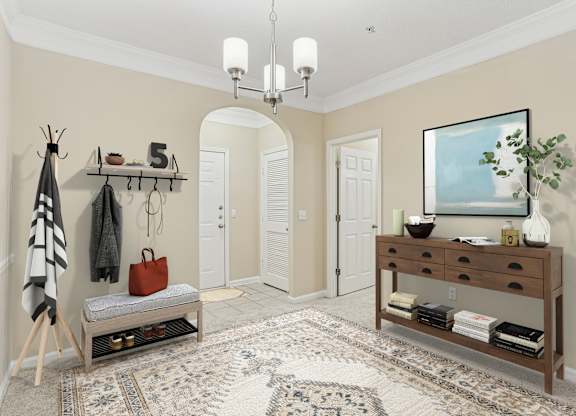 A hallway with a bench, coat rack, and a painting on the wall.