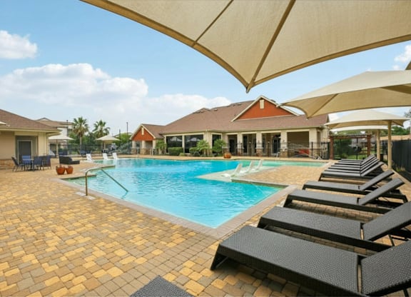 A pool surrounded by sun loungers and umbrellas.