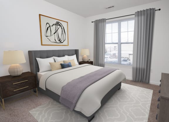 Furnished bedroom with large window