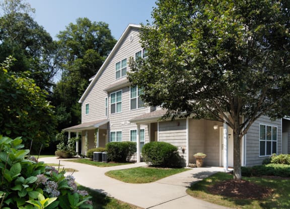 Exterior view of buildings with landscaping