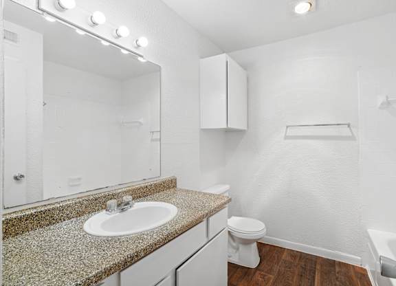 A bathroom with a sink, toilet, and a mirror.