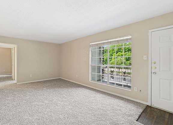 A room with a carpeted floor and a window with blinds.