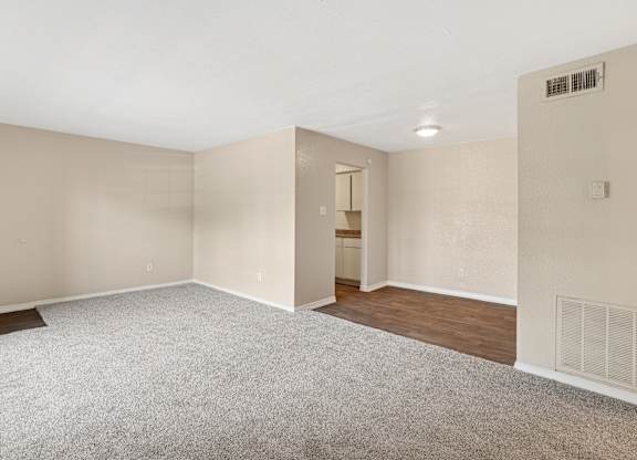 A room with a carpeted floor and a doorway leading to another room.