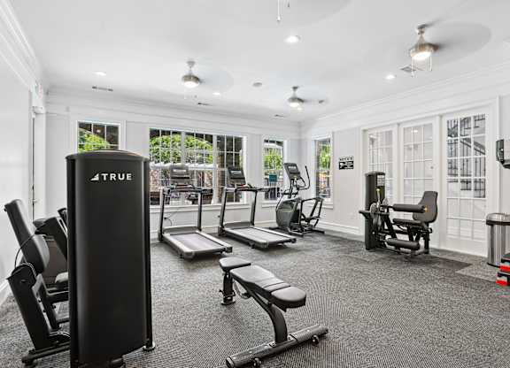 A gym with a variety of equipment including a squat rack, treadmill, and weights.