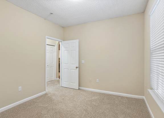 A room with a white door and carpeted floor.