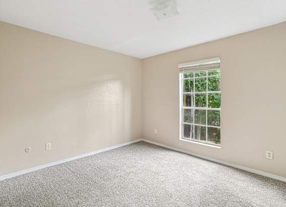 A room with a window and carpeted floor.